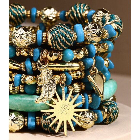 Aqua Blue & Golden Boho Chic Multi Layered Stretch Bracelet w Golden Sun Charm - Picture 2 of 3